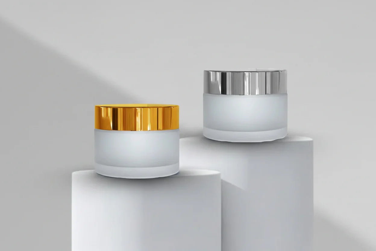 30GM Clear Frosted Glass Jar with Glossy Golden / Silver Cap