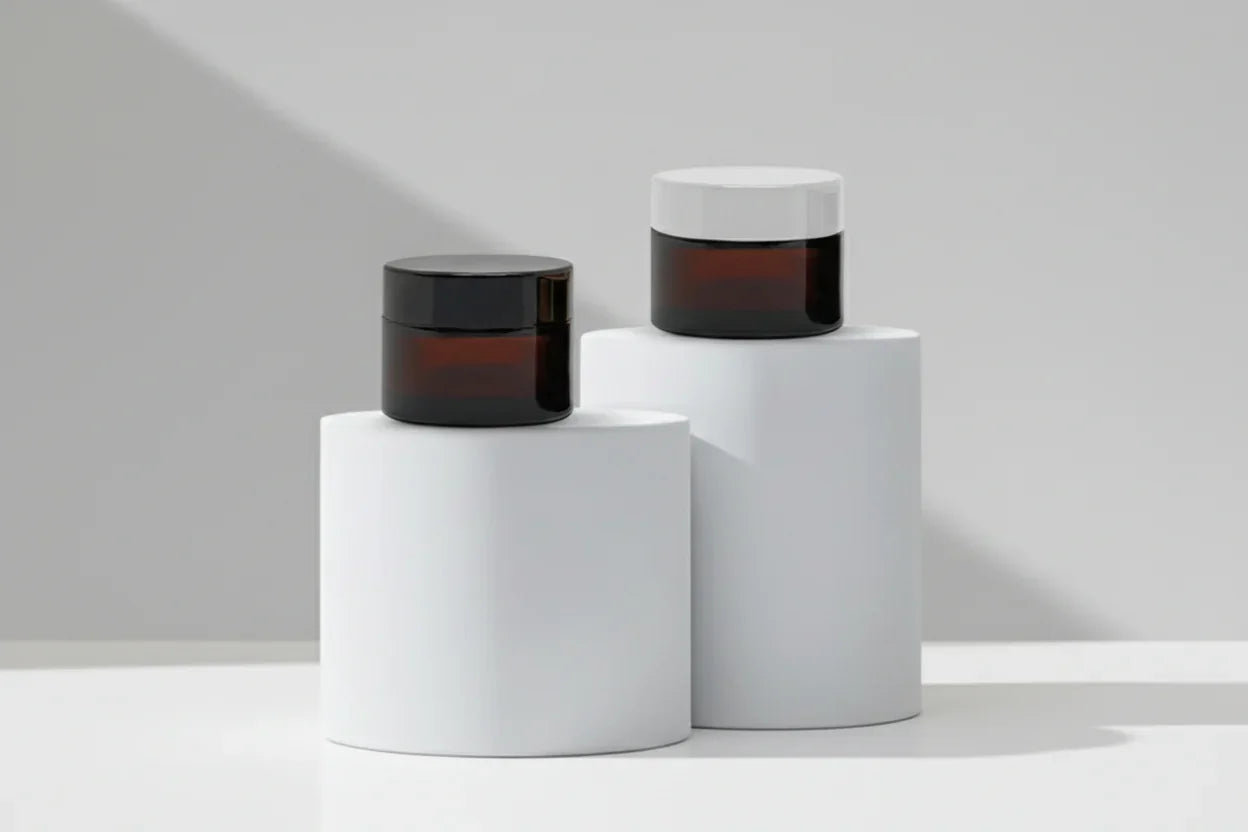 50GM Clear Amber Glass Jar with Black / White Cap