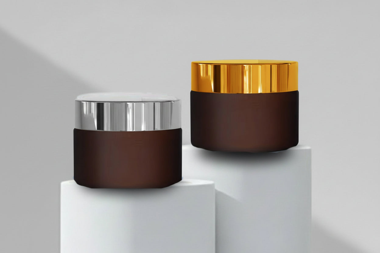 Aesthetic Pack – AP 30GM Amber Frosted Glass Jar with Golden / Silver Cap