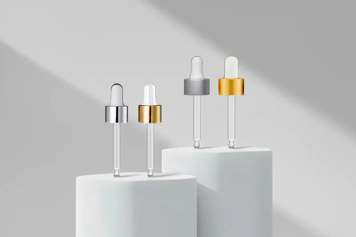 Glossy Cap Aesthetic Pack 20mm Golden & Silver Dropper with White Rubber Teat | Premium Cosmetic Packaging
