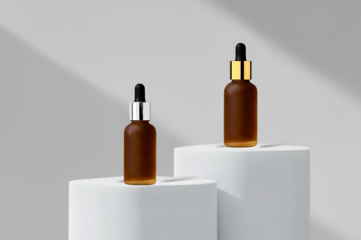 30ML Amber Frosted Glass Bottle with Golden and Silver Dropper 18mm