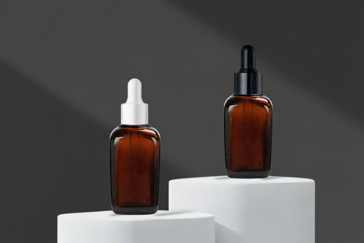 30ML Amber Square Glass Bottle with Black and White Dropper 18mm