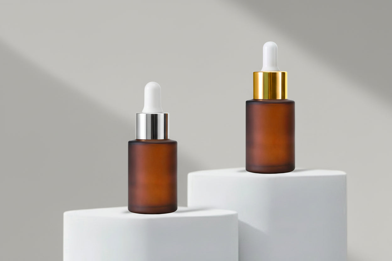 30ML Amber Frosted Glass Bottle Flat Shoulder with Golden and Black Dropper 20mm