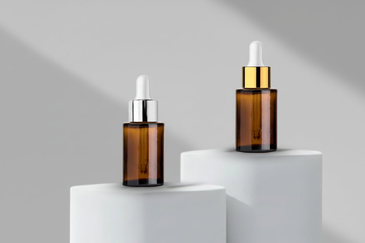 30 ML Amber Flat Shoulder With Golden and Silver Glossy Dropper - 20mm