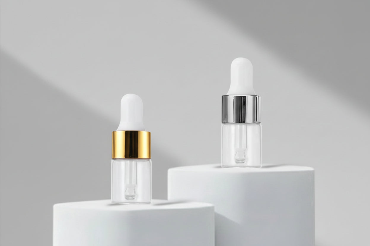 Aesthetic Pack – 5ml Clear Borosilicate Glass Dropper Bottle (Golden / Silver Glossy)