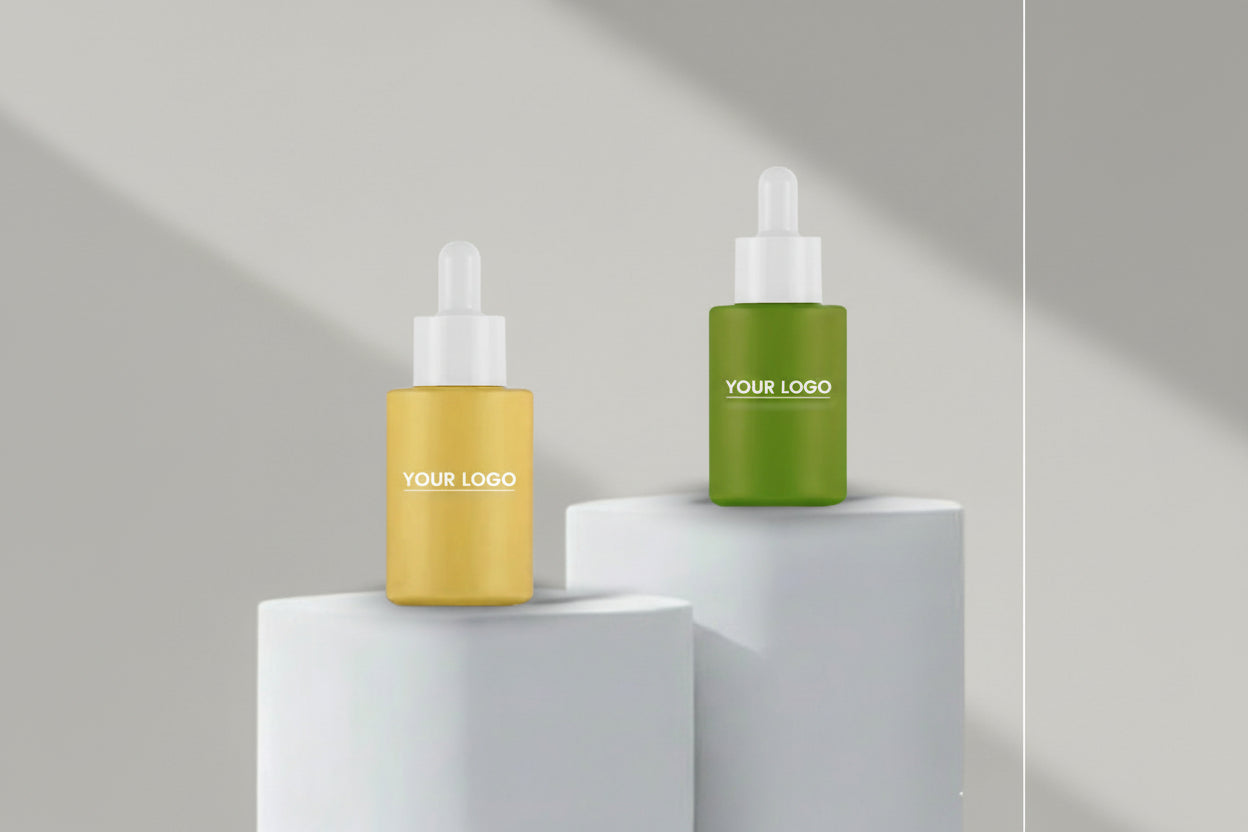 30ML Coated Flat Shoulder Glass Serum Bottle with White Dropper (Yellow & Dark Green)