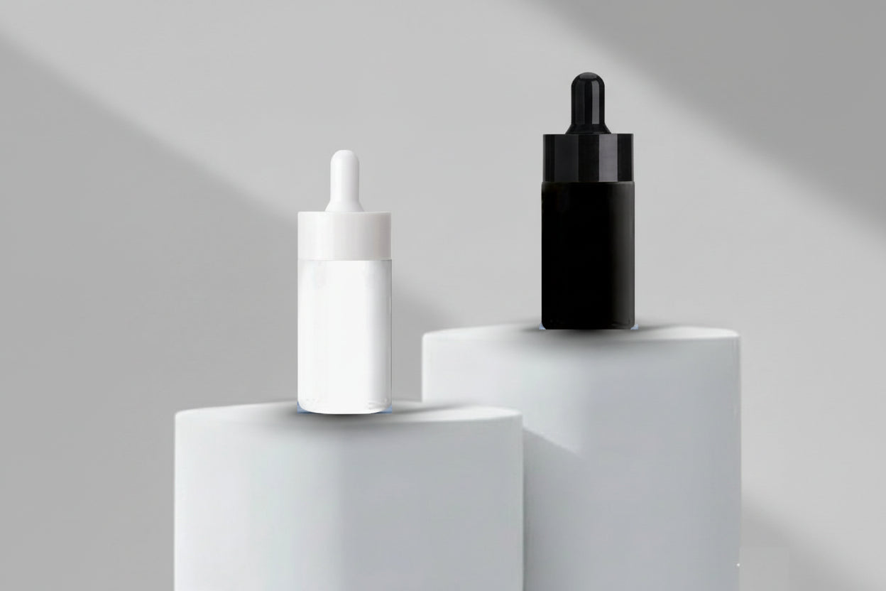 Aesthetic Pack 30ML Black & White Coated Flat Shoulder Glass Bottle with Broad Dropper – 20mm Neck