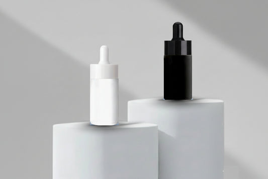 30ML Black & White Coated Flat Shoulder Glass Bottle with Broad Dropper – 20mm Neck