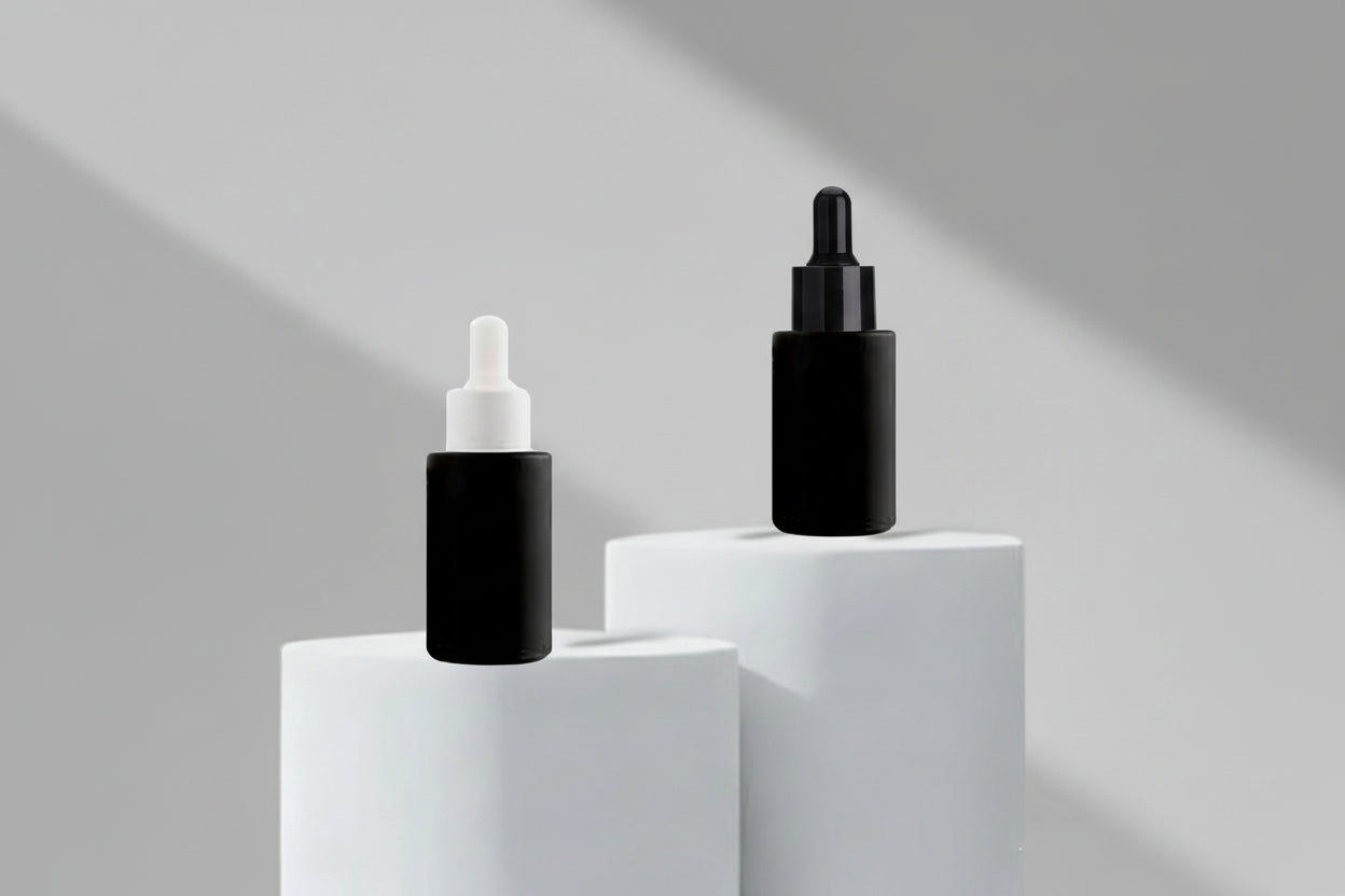 Glass Bottle Aesthetic Pack 30ML Flat Shoulder Black Matte Glass Bottle with Black & White Dropper – 20mm Neck