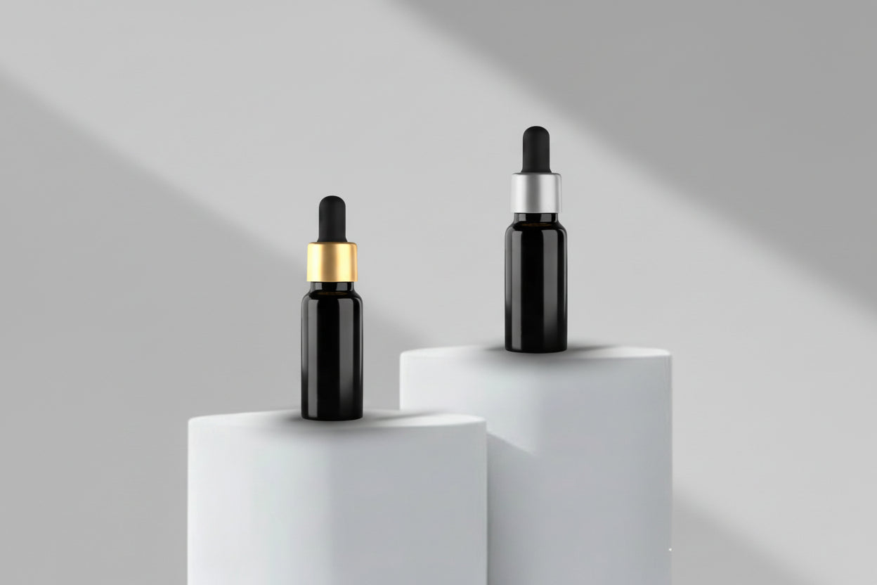 Glass Bottle Aesthetic Pack 30ML Black Glossy Glass Bottle with Gold & Silver Dropper