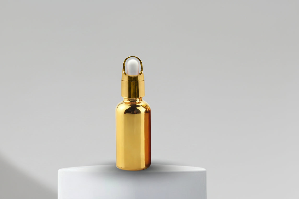Glass Bottle Aesthetic Pack – 30ml Golden Metallized Glass Dropper Bottle with Basket Dropper (18mm Neck)
