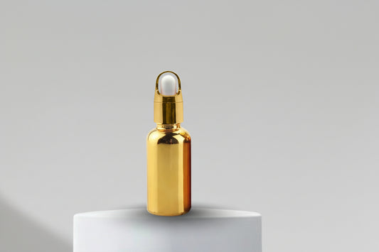 30ml Golden Metallized Glass Dropper Bottle with Basket Dropper (18mm Neck)