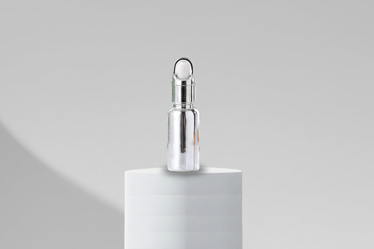 Glass Bottle Aesthetic Pack – 15ml Silver UV Metallized Glass Dropper Bottle with Basket Dropper (18mm Neck)