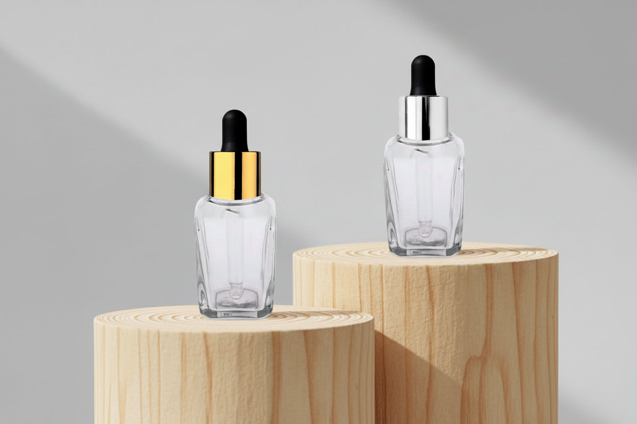 Aesthetic Pack – 30ML Clear Square Glass Bottle with Golden / Silver Dropper