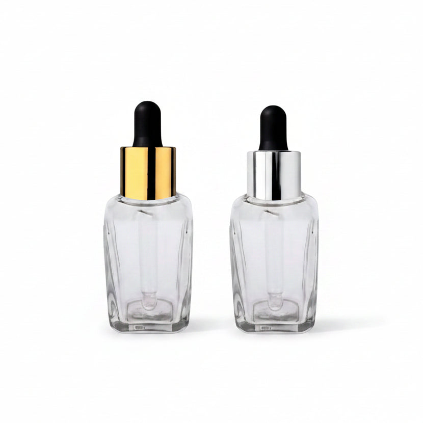 30ML Clear Square Glass Bottle with Golden / Silver Dropper