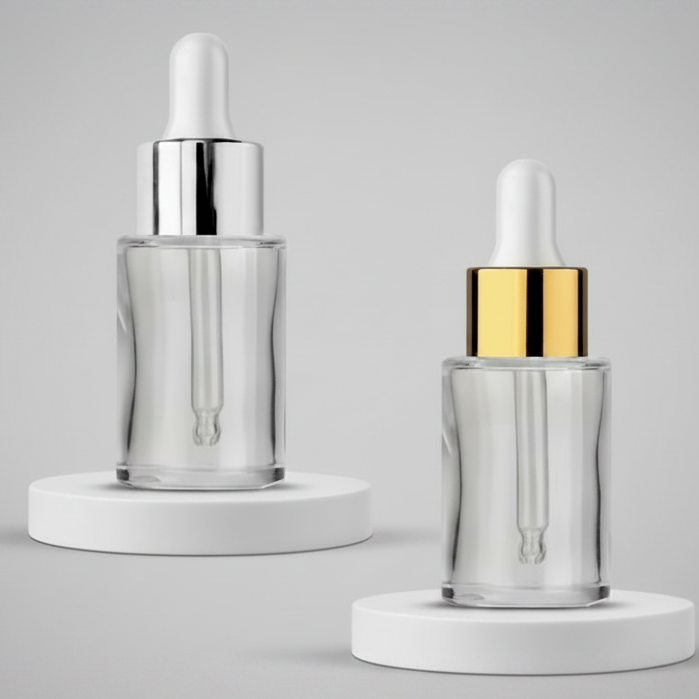 30ml Clear Flat Shoulder Glass Bottle with Golden & Silver Dropper (20mm Neck)