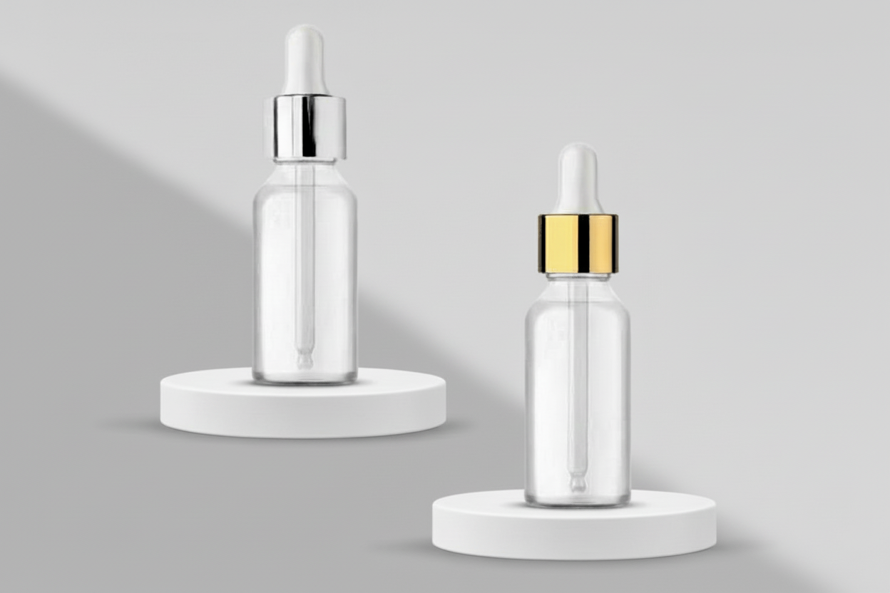 Aesthetic Pack – 30ml Clear Glass Bottle with Golden & Silver Dropper (18mm Neck)
