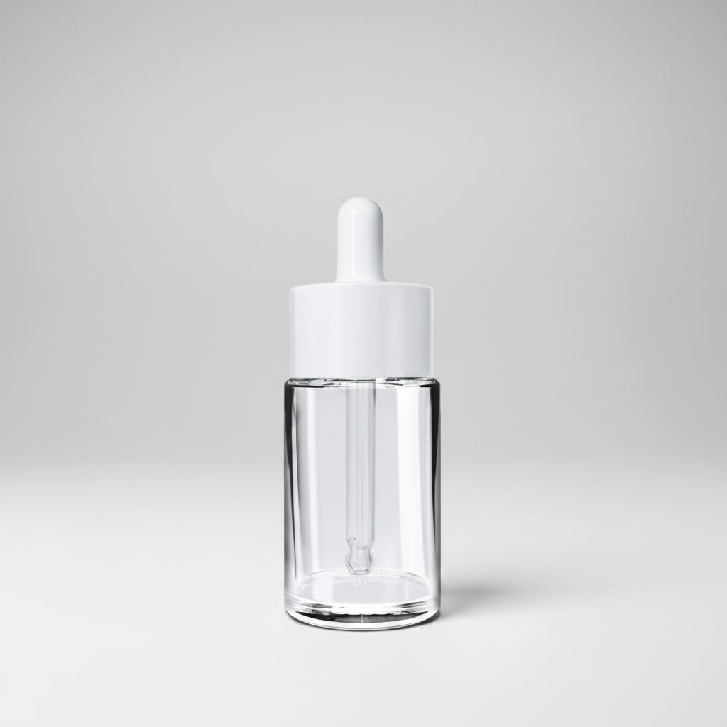 30ML Clear Flat Shoulder Glass Bottle with Broad White Dropper (20mm Neck)