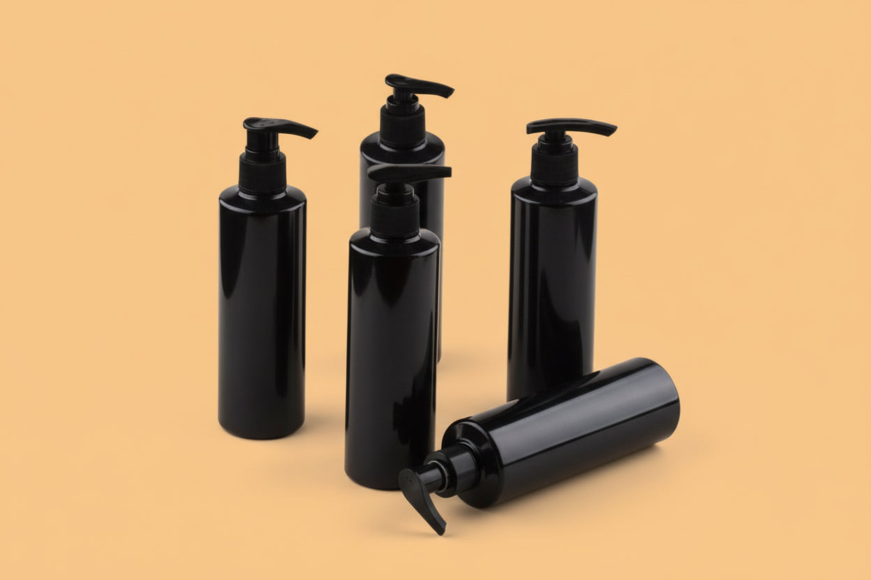 SP Cosmetic Sleek Slant Shoulder Pet Bottle with Lotion Pump – BLACK (200ml)