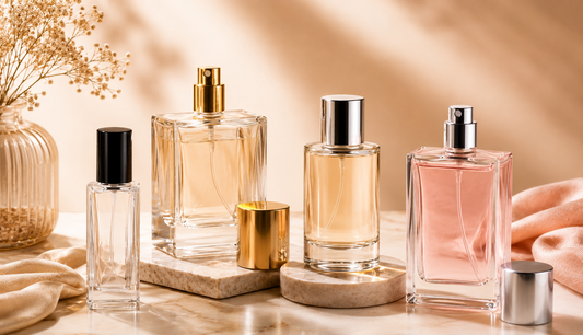 Premium glass perfume bottles elegantly displayed on a marble surface with soft beige tones, showcasing luxury cosmetic packaging by Aesthetic Pack.