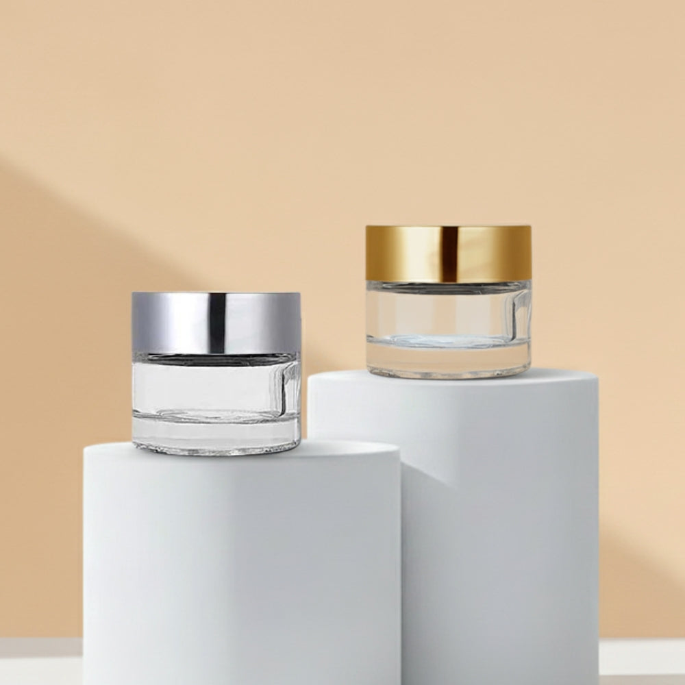 50GM Clear Glass Jar Imported with Matt Golden and Matt Silver Cap