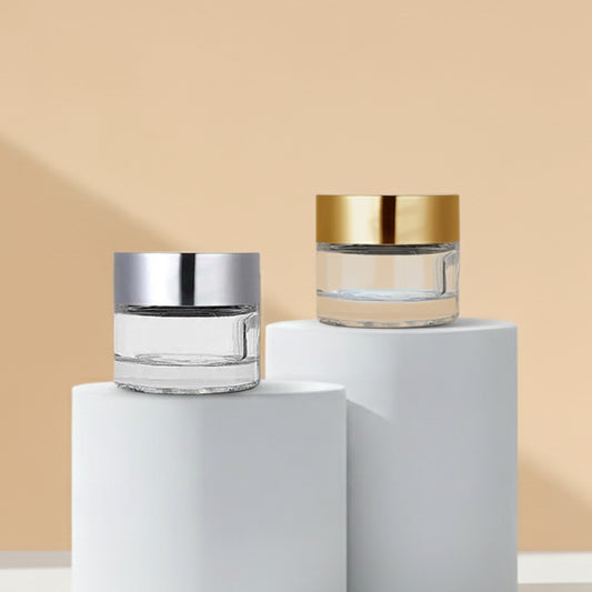 30GM Clear Glass Jar Imported with Matt Golden and Matt Silver Cap