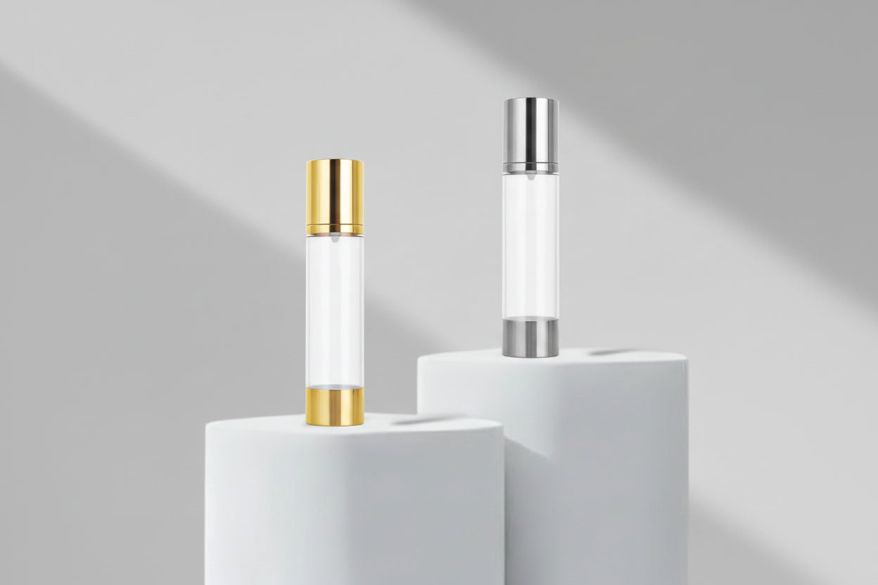 Aesthetic Pack 50ml Golden & Silver Glossy Airless Packaging Bottles