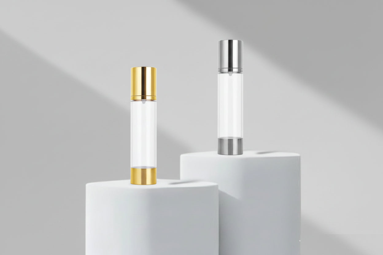 Aesthetic Pack 15ml Golden & Silver Glossy Airless Pump Bottles