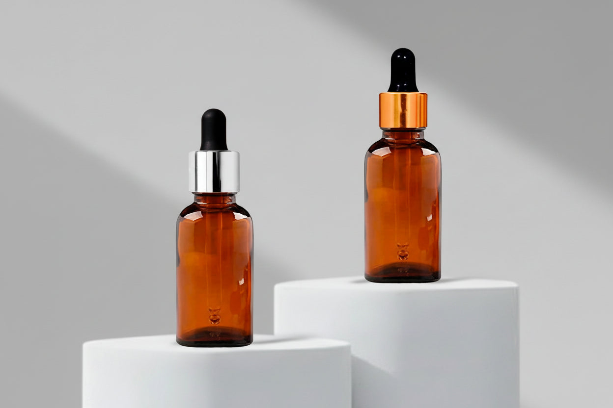 30ML Amber Glass Bottle with Golden and Silver Dropper 18mm