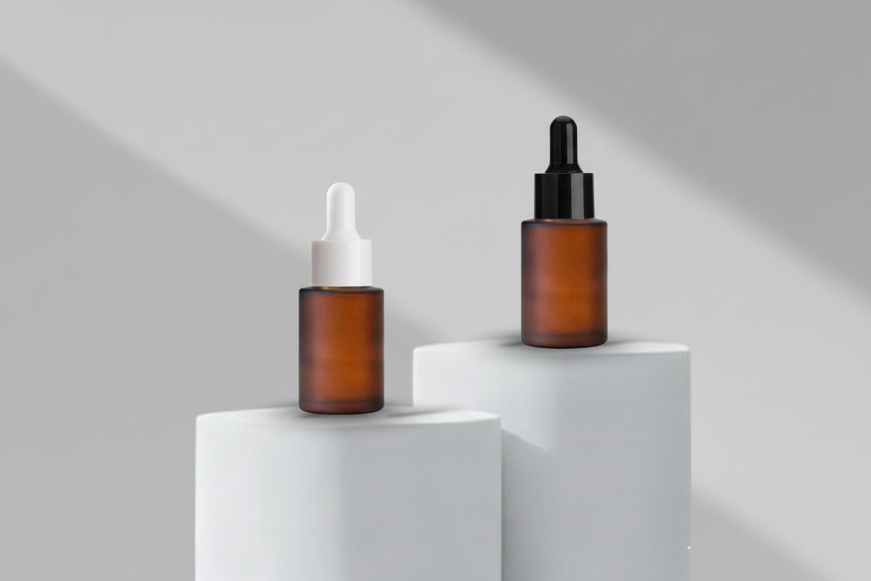 30ML Amber frosted Flat Shoulder with Black and White Dropper 20mm