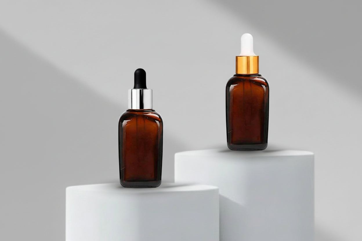 30ML Amber Square Glass Bottle with Golden and Silver Dropper 18mm