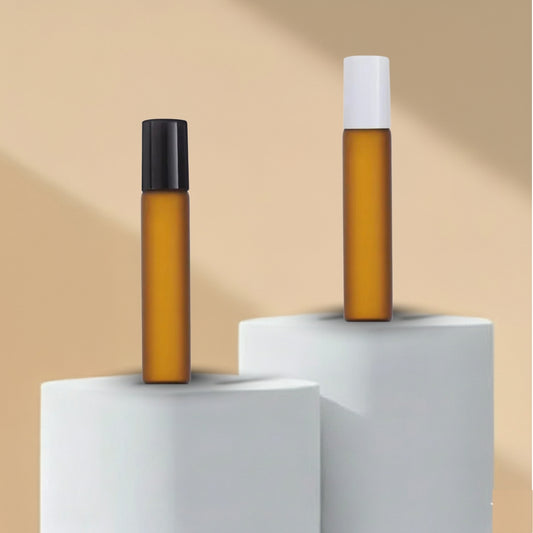 10ML Amber Frosted Roll On Glass Bottle with Black and White Cap