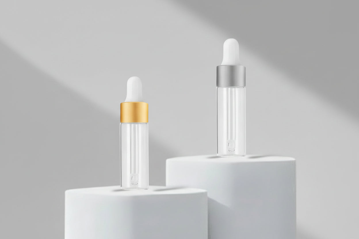 Glass Dropper Bottle Aesthetic Pack – 15ml Clear Borosilicate Glass Dropper Bottle (Golden / Silver Matt)