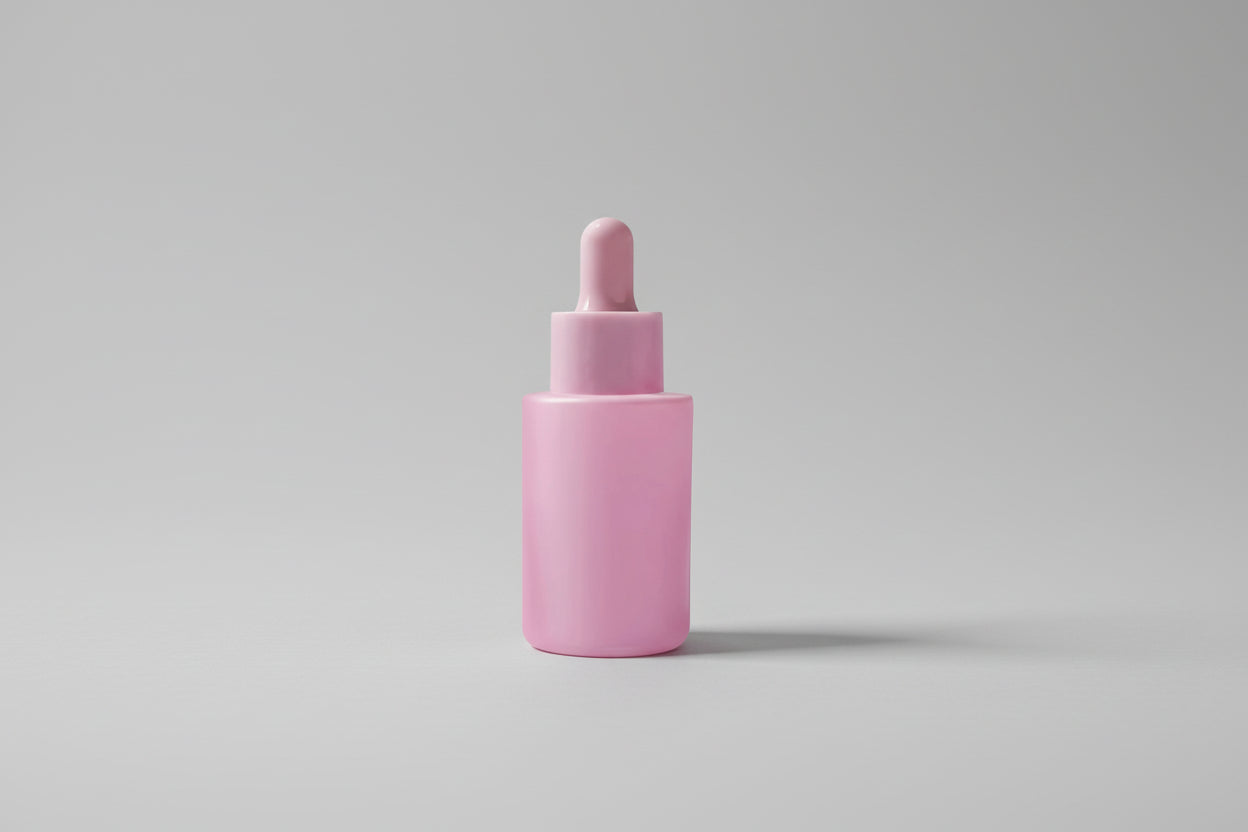 Aesthetic Pack 30ML Pink Coated Flat Shoulder Glass Bottle with Pink Dropper – 20mm Neck