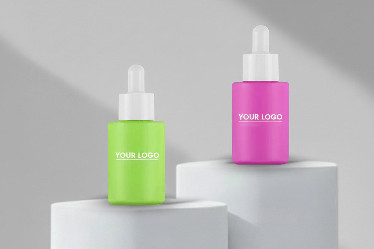 30ML Coated Flat Shoulder Serum Bottle with White Dropper (Pink &amp; Light Green)