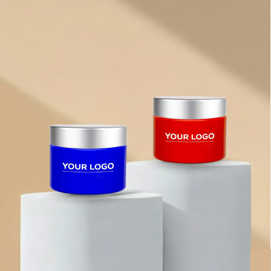 50g Custom Coated Glass Jars with Silver Matt Cap (Dark Blue & Red)