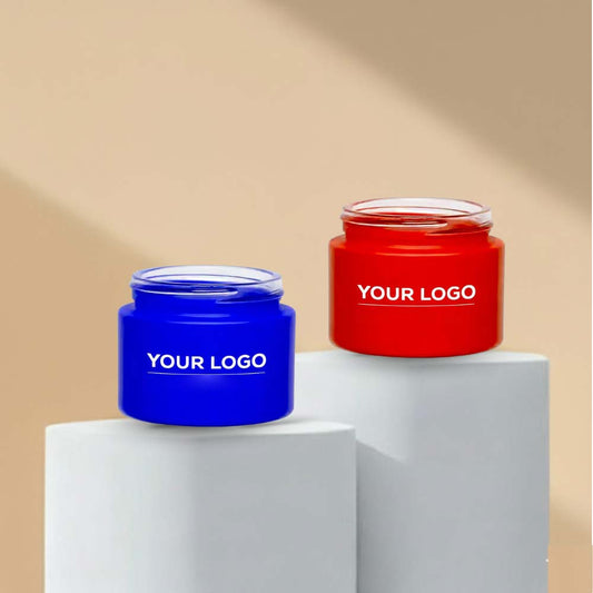 50g Customizable Coated Glass Jars for Premium Packaging with White Cap (Blue & Red)