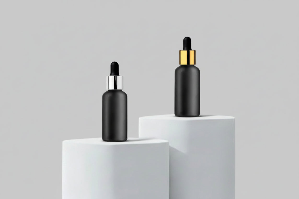 Aesthetic Pack 30ML Black Matte Glass Bottle with Gold & Silver Dropper – 18mm Neck