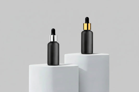 Aesthetic Pack 30ML Black Matte Glass Bottle with Gold & Silver Dropper – 18mm Neck