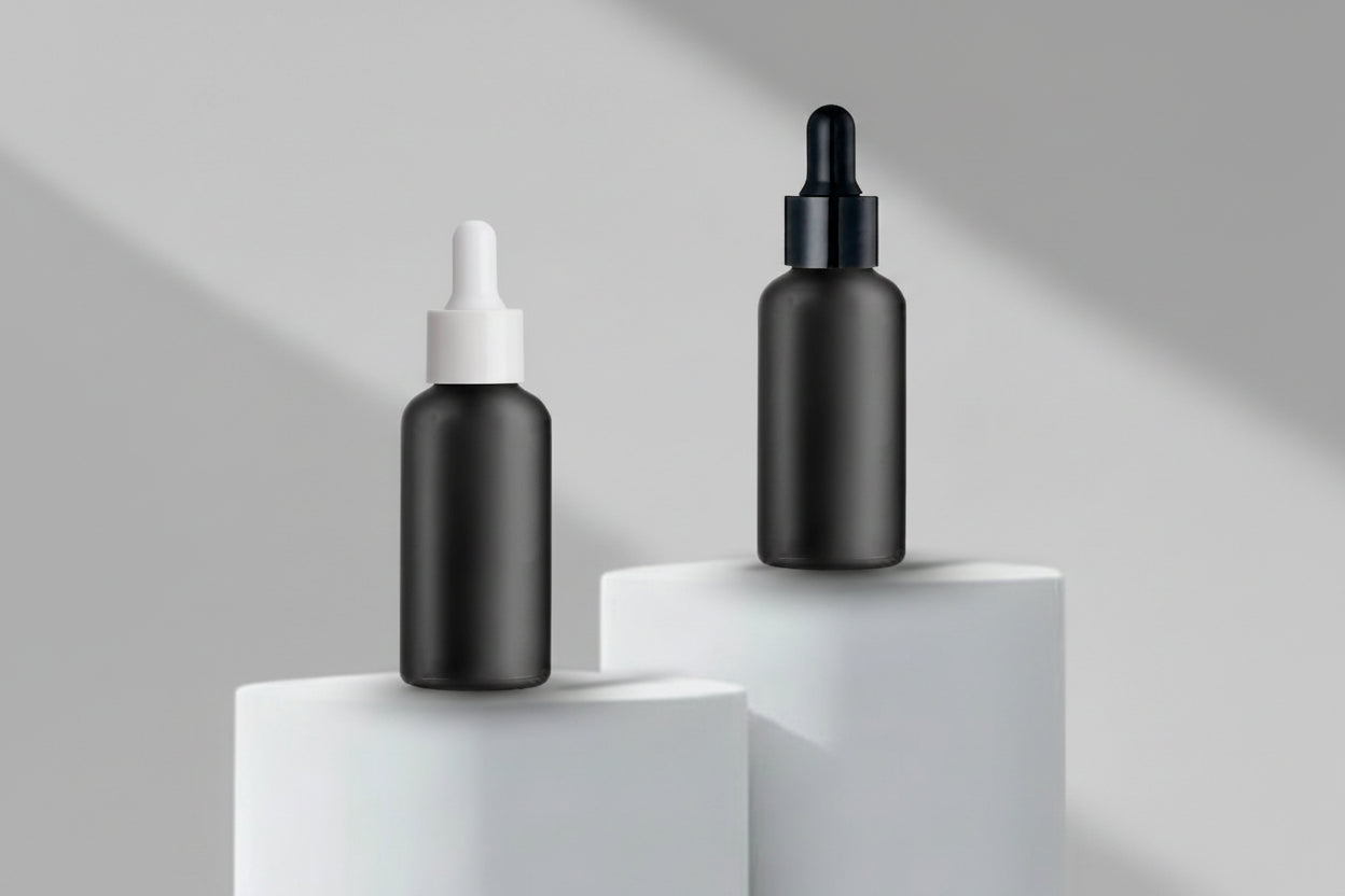 Aesthetic Pack 30ML Black Matte Glass Bottle with Black &amp; White Dropper – 18mm Neck
