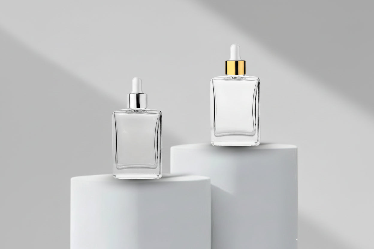 Aesthetic Pack – 30ml Rectangular Clear Glass Dropper Bottle (18mm Neck)