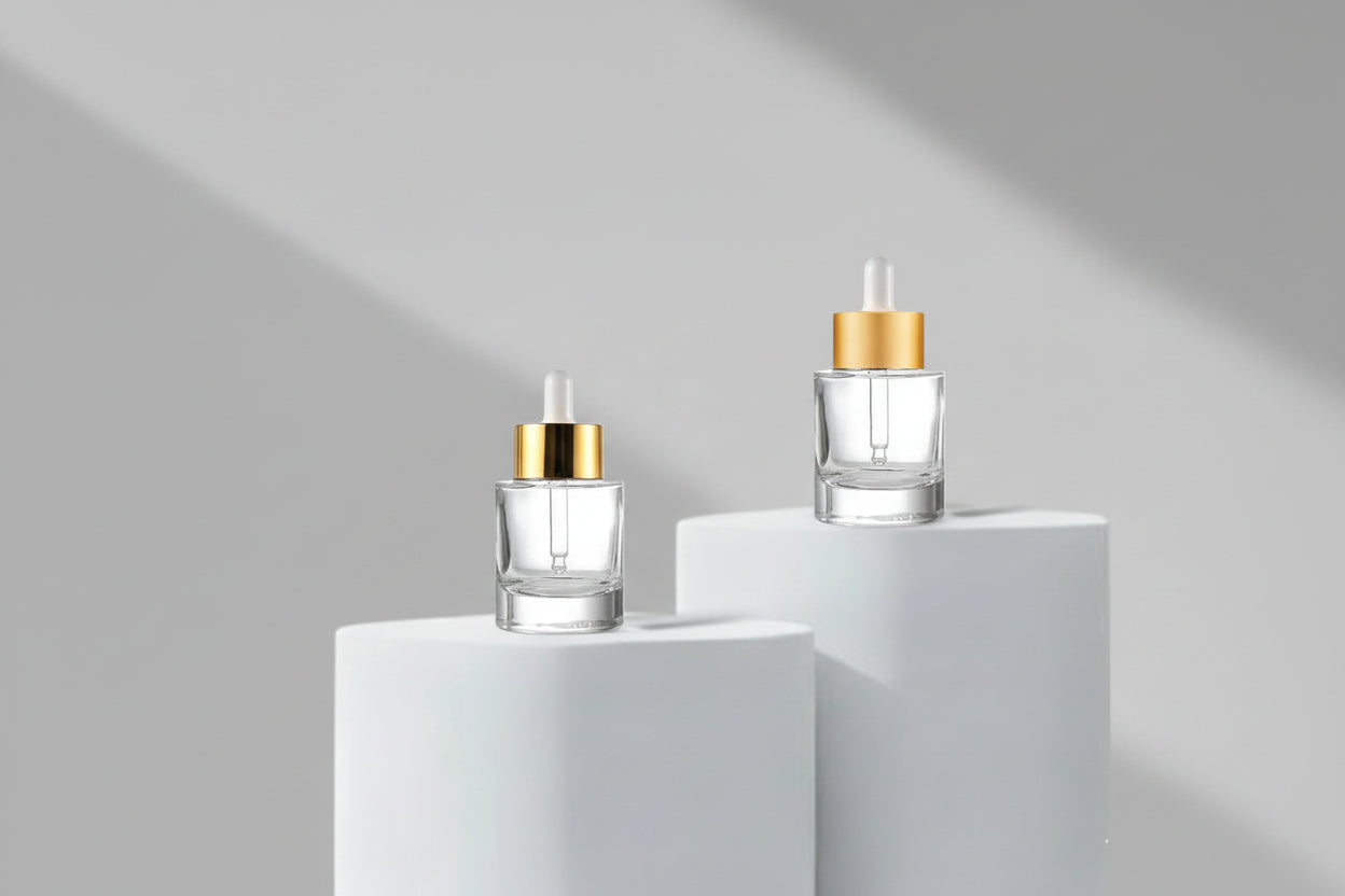 Glass Bottle Aesthetic Pack – 30ml Clear Flat Shoulder Heavy Glass Bottle with Golden / Golden Matt Broad Dropper (20mm)