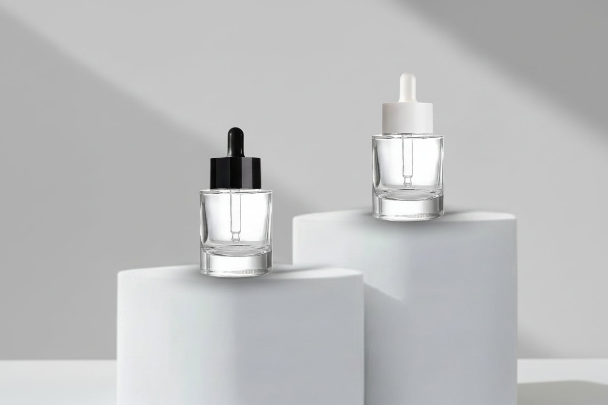 Aesthetic Pack – 30ml Clear Flat Shoulder Glass Bottle with Black Broad Dropper (20mm Neck)