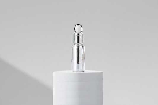 Aesthetic Pack – 30ml Silver UV Metallized Glass Dropper Bottle with Basket Dropper (18mm Neck)