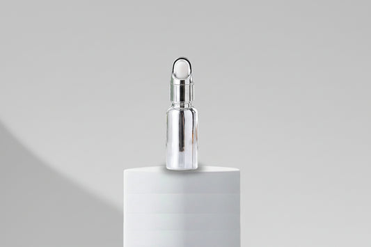 Aesthetic Pack – 15ml Silver UV Metallized Glass Dropper Bottle with Basket Dropper (18mm Neck)
