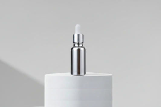 Aesthetic Pack – 15ml Silver UV Metallized Glass Dropper Bottle (18mm Neck)