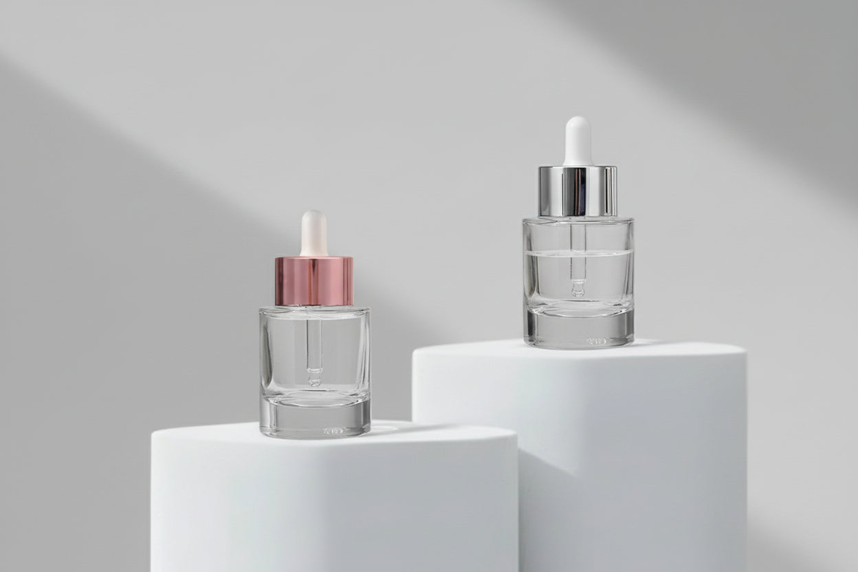 Aesthetic Pack – 30ml Clear Flat Shoulder Heavy Glass Bottle with Silver / Rosegold Glossy Broad Dropper (20mm)