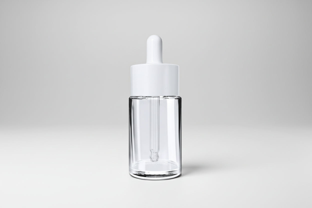 Aesthetic Pack – 30ML Clear Flat Shoulder Glass Bottle with Broad White Dropper (20mm Neck)