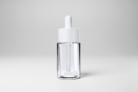 Aesthetic Pack – 30ML Clear Flat Shoulder Glass Bottle with Broad White Dropper (20mm Neck)