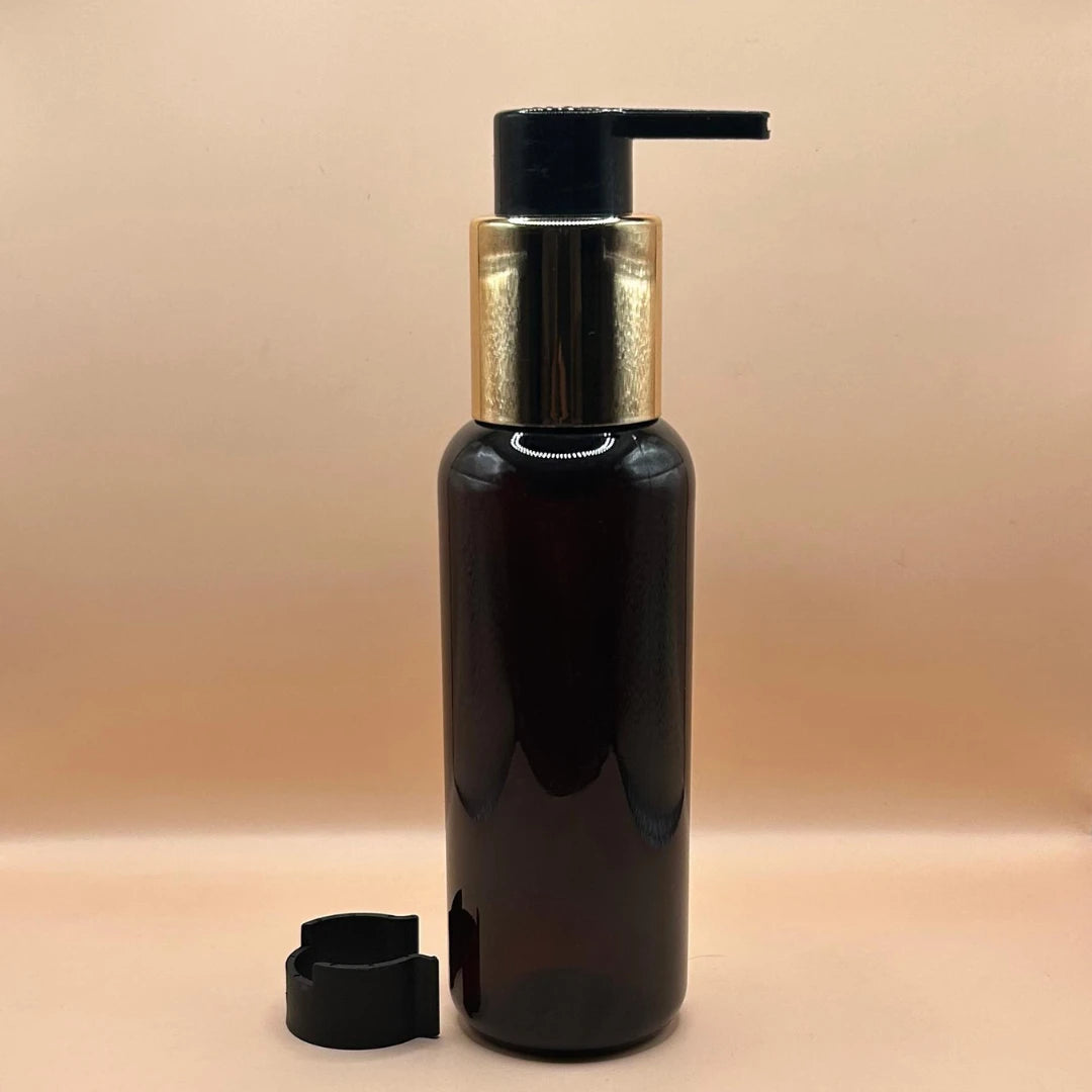 Pet Bottle AP 100ML PET PG Amber Bottle with 24/410 Long Beak Pump – Black with Golden | Cosmetic Packaging